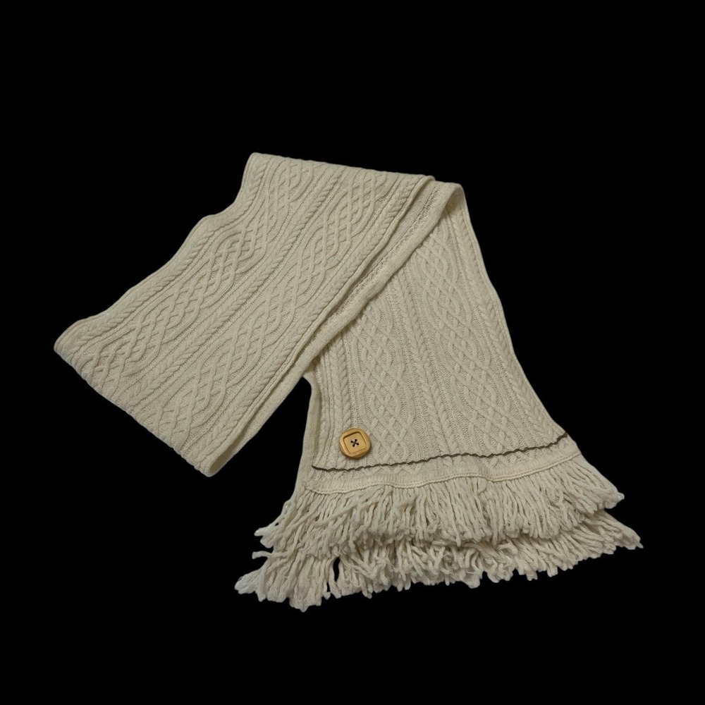 Bob Timberlake Lambswool Scarf Ivory Cable Knit Fringe Wooden Button Preppy